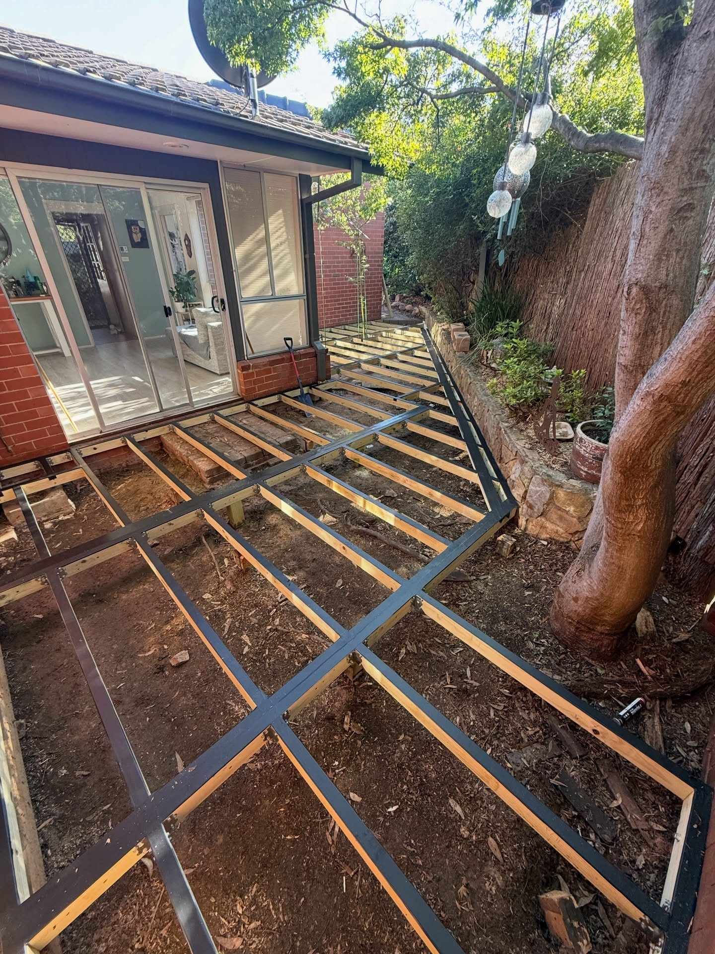 Timber deck subframe before decking boards are laid